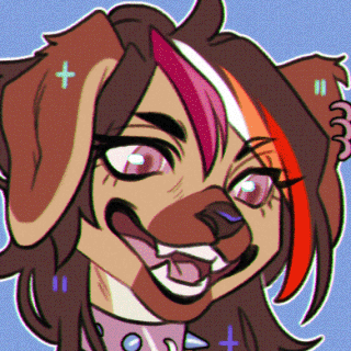 Site logo, avatar, and visual persona for Ava as a gittery animated colored doodle of an anthromorphic anatolian shepherd with lesbian pride hair