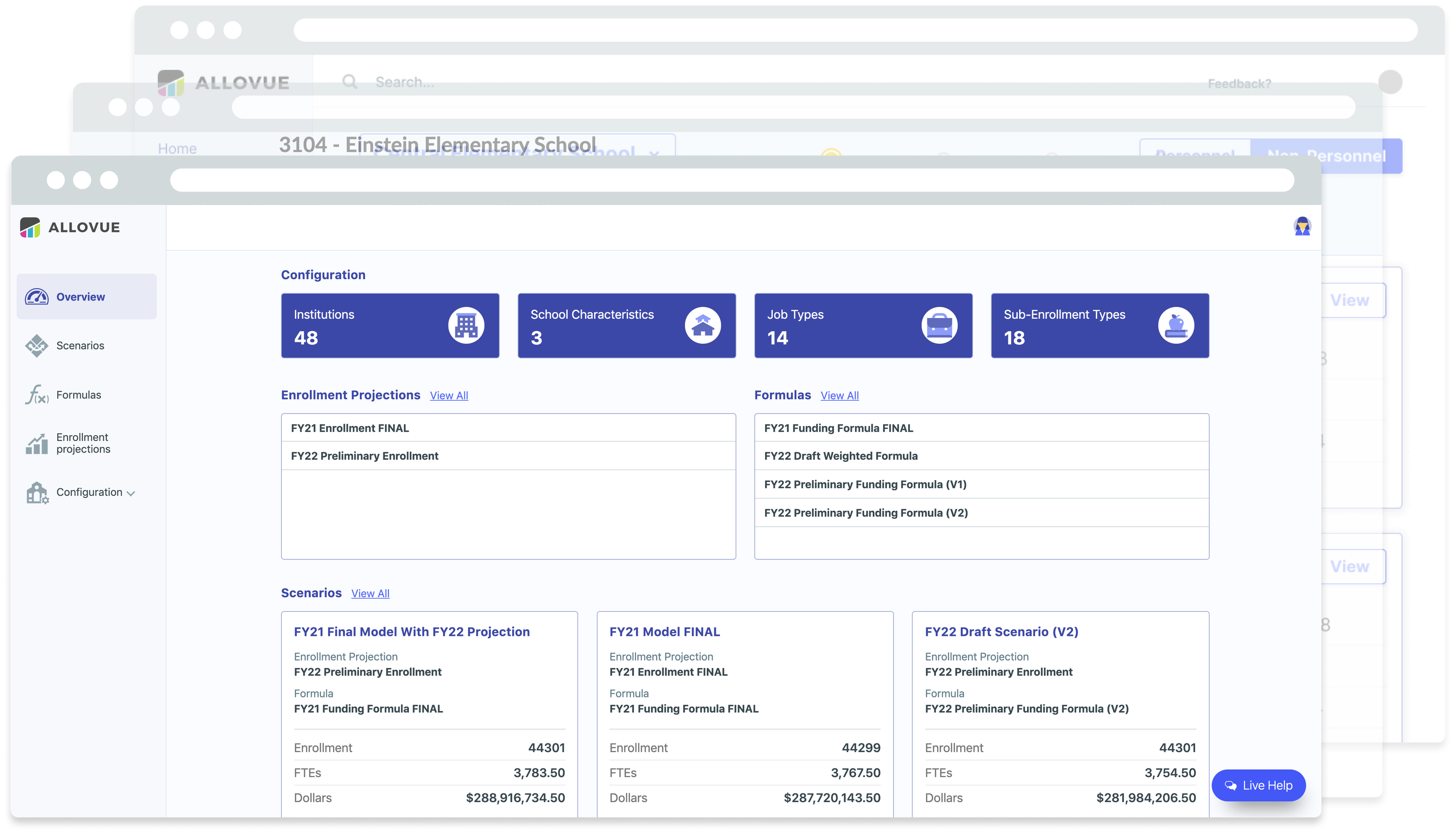 Screenshots of an Allovue web app on the overview page indicating a school district's number of institutions, school characacteristics, job types, sub-enrollment types as well as a section below for enrollment projections, formulas, and scenarios. The indication is that this allows a school district to manage their institutions budgets.