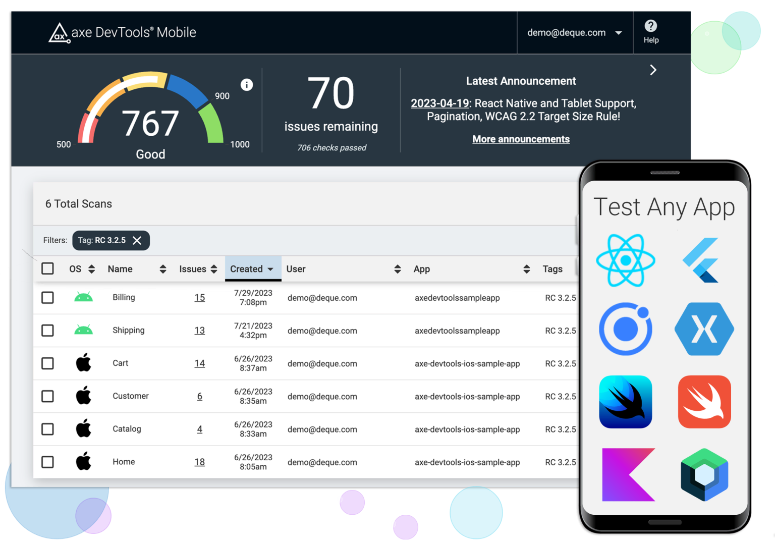 Screenshots of a web app called axe DevTools Mobile with a desktop and mobile preview showing you may test any app with an indicator of how many issues remain, a scale rating, and the number of total scans ran across different apps