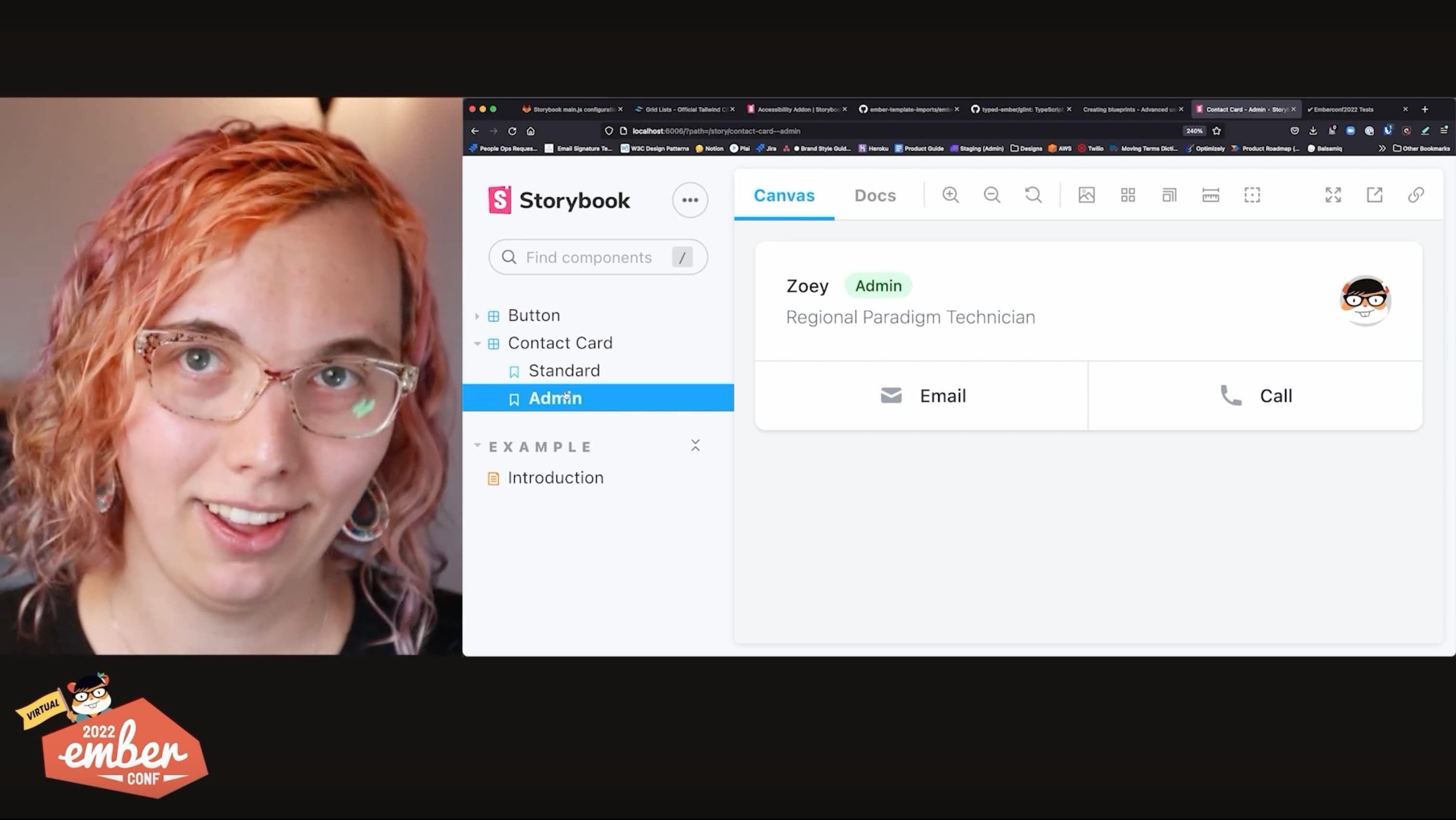 Still frame from a YouTube video of Ava presenting split-screen with a smile looking at the camera on the left and a web interface showing a web component built in Storybook on the right.
