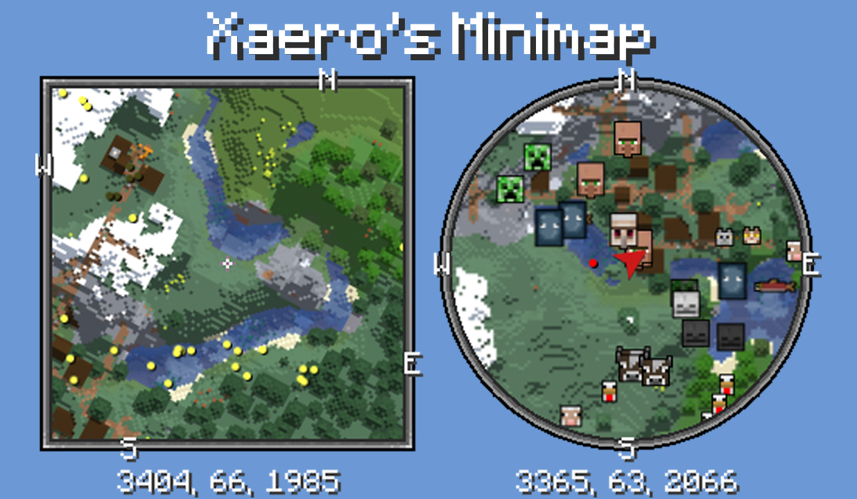 Screenshot of Xaero's Minimap with entity icons, coordinates and a visual overview of the surrounding space from above.