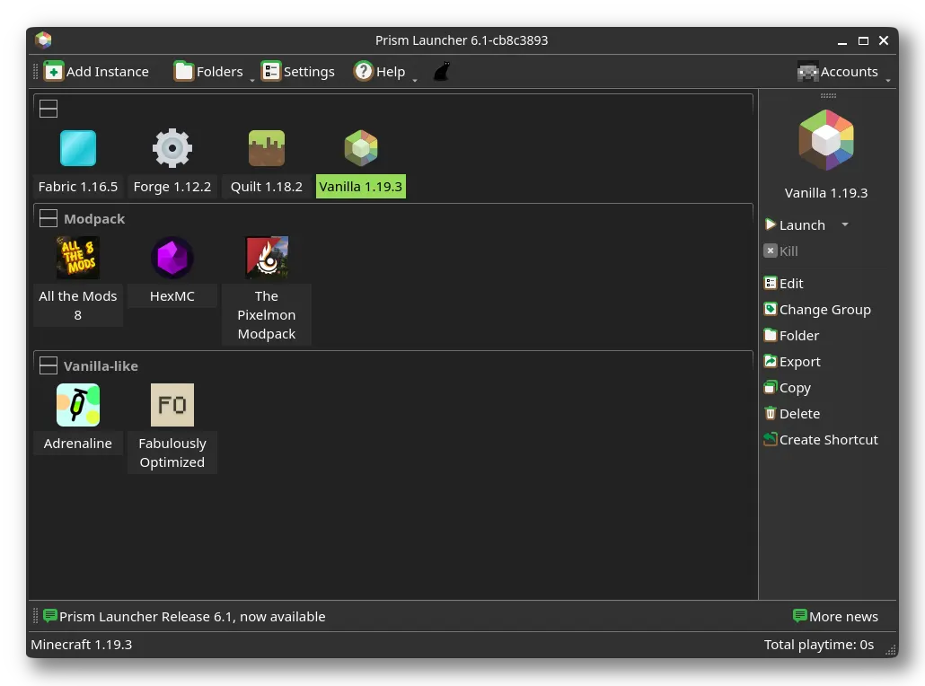Prism Launcher screenshot showing various versions of Minecraft installed at the same time
