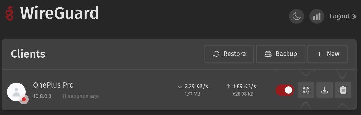 Screenshot of wg-easy (wireguard) running with a client called OnePlus Pro 8 showing an up and down speed.